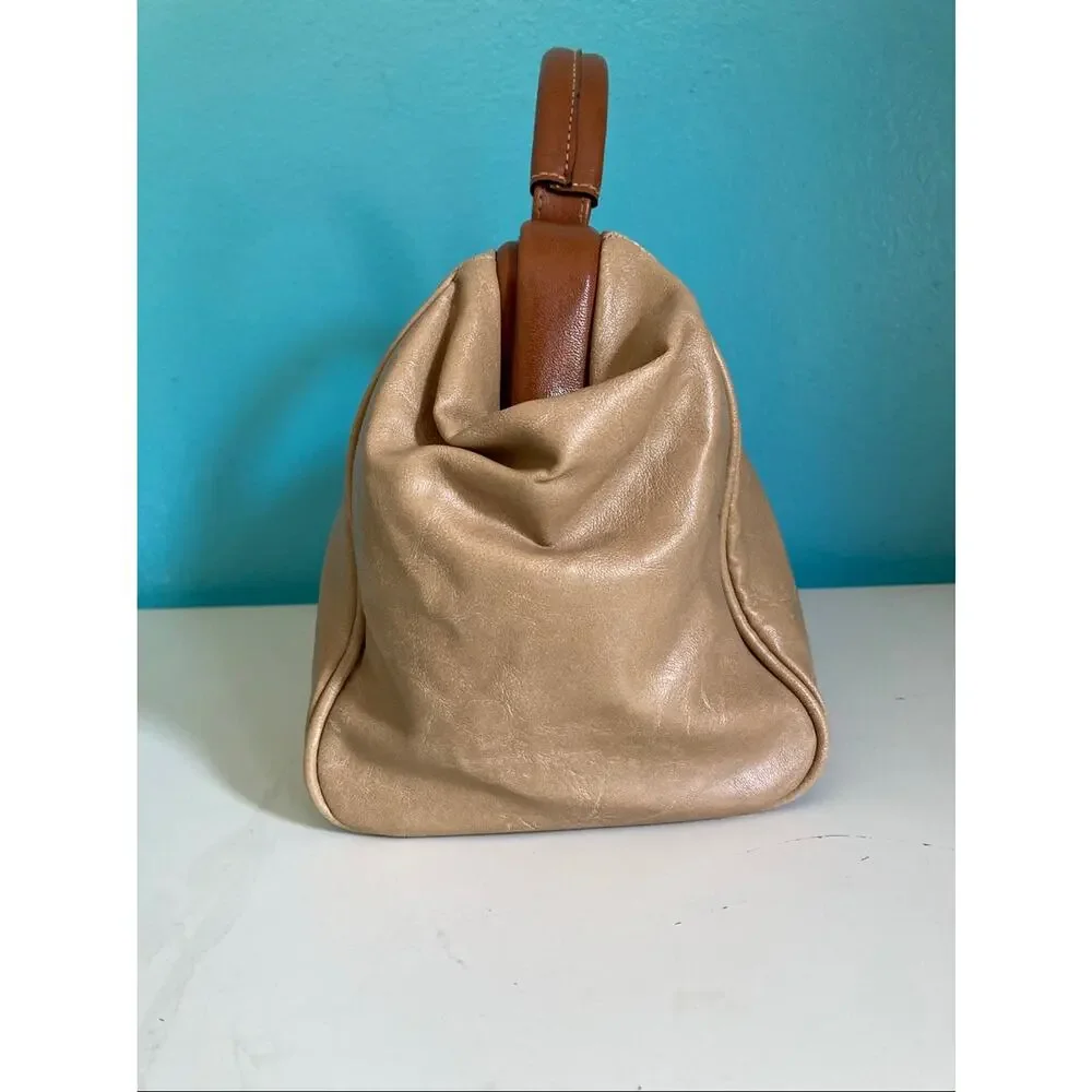 Vintage 80s Capezio Doctor Bag Handbag Beige Brown Frame Satchel Purse 14 x 7.5